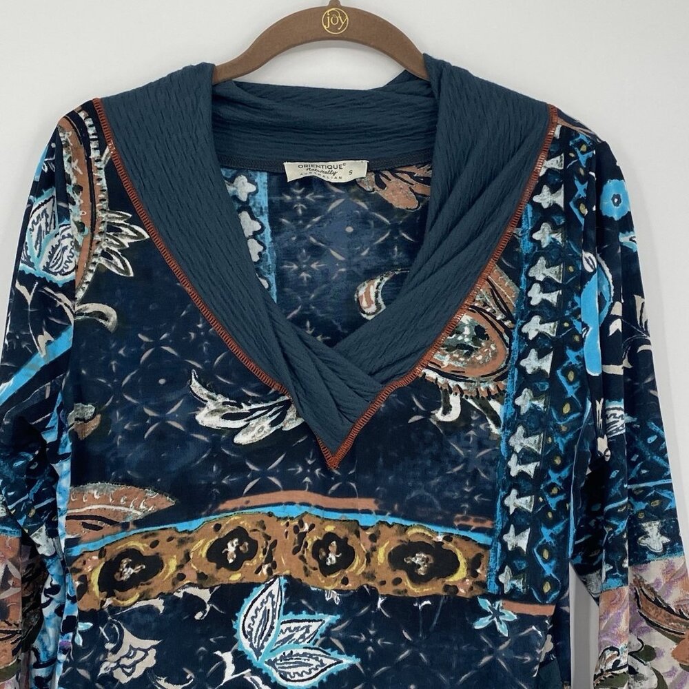 Orientique Naturally Small Patchwork Top Long Sleeve Asymmetric Hem Shawl Neck - Picture 6 of 14